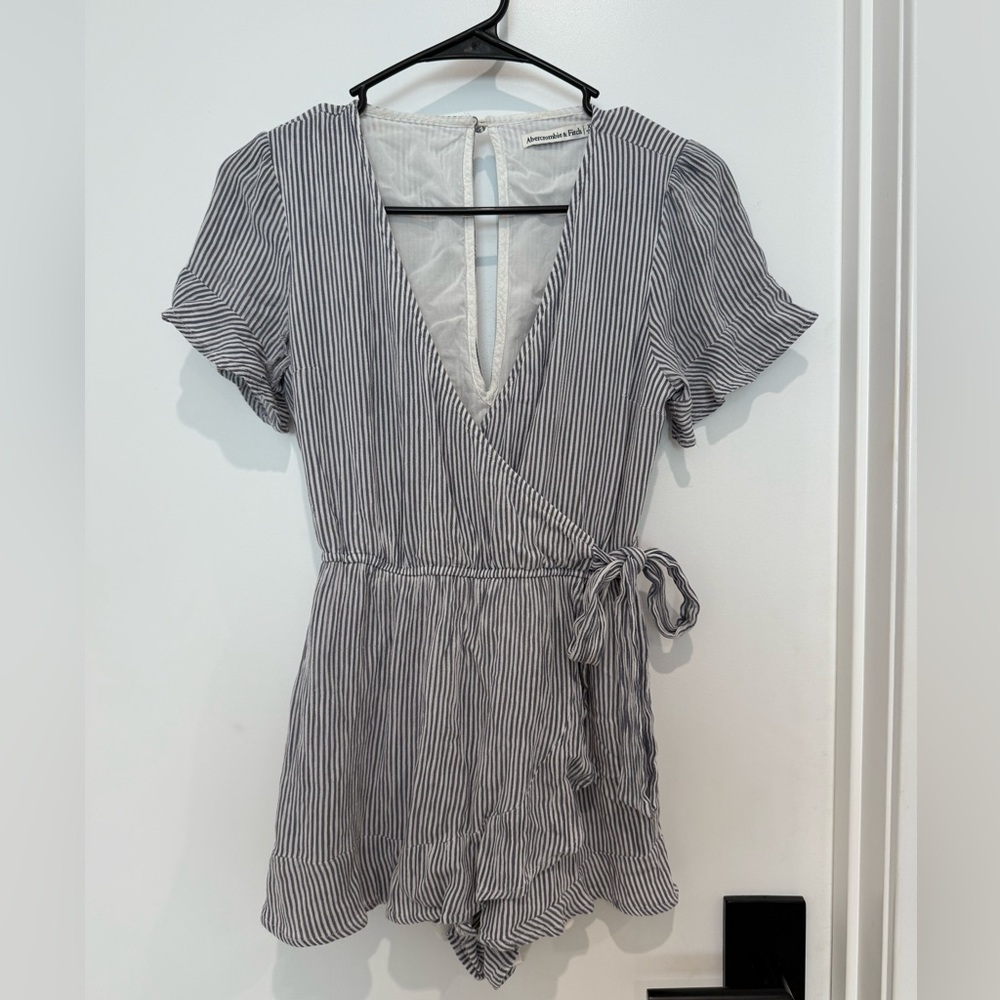 A&F Blue and White Striped Wrap Romper